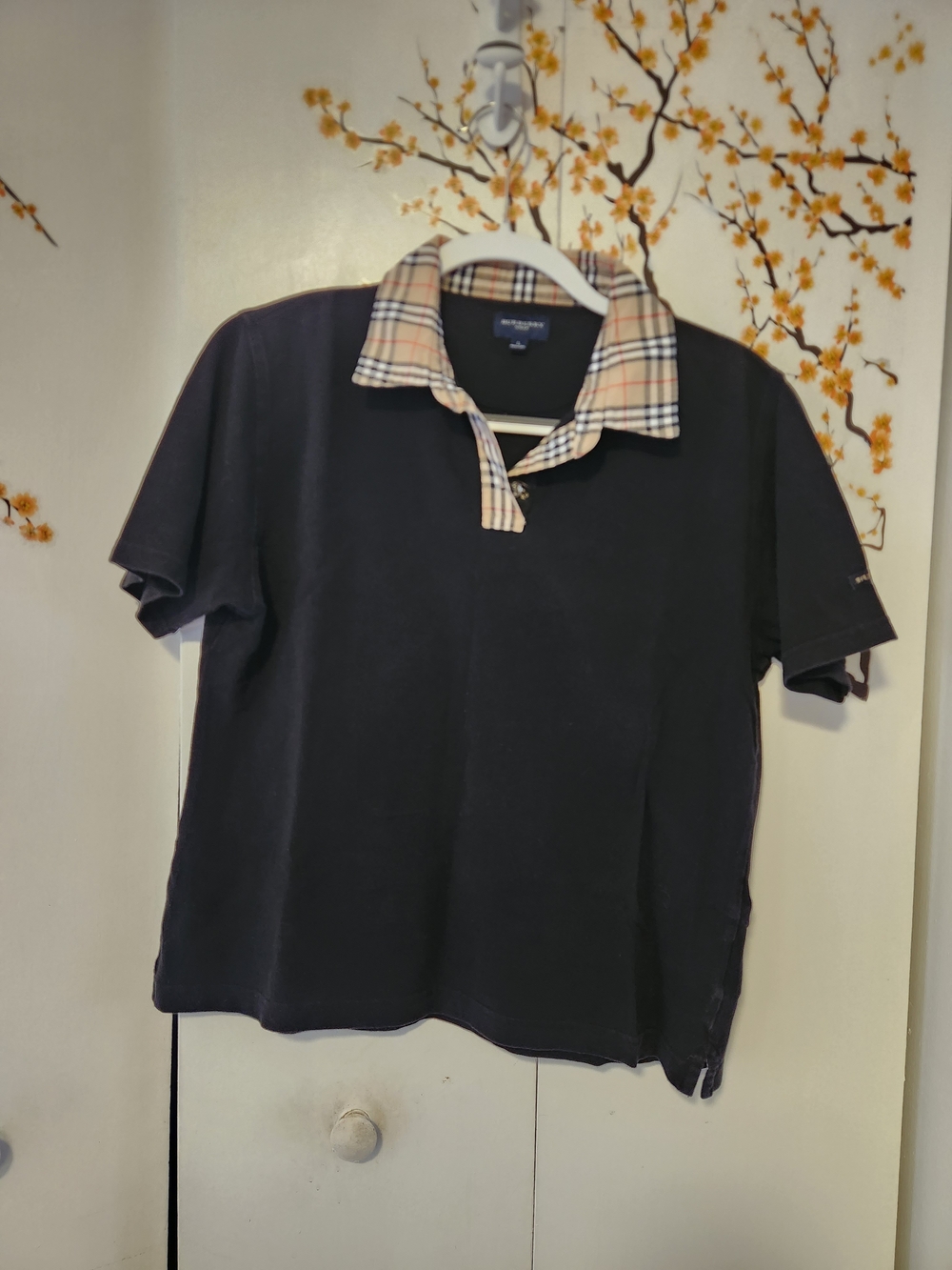 Burberry Black Polo with Classic Beige Nova Check Collar